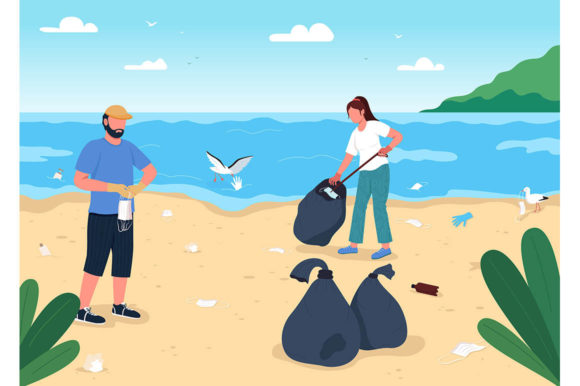 Cleaning Beach Rubbish Graphics & Illustrations